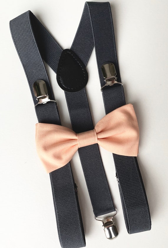 Peach Bow Tie- Gray Suspenders Peach Wedding Bow Ties for Men