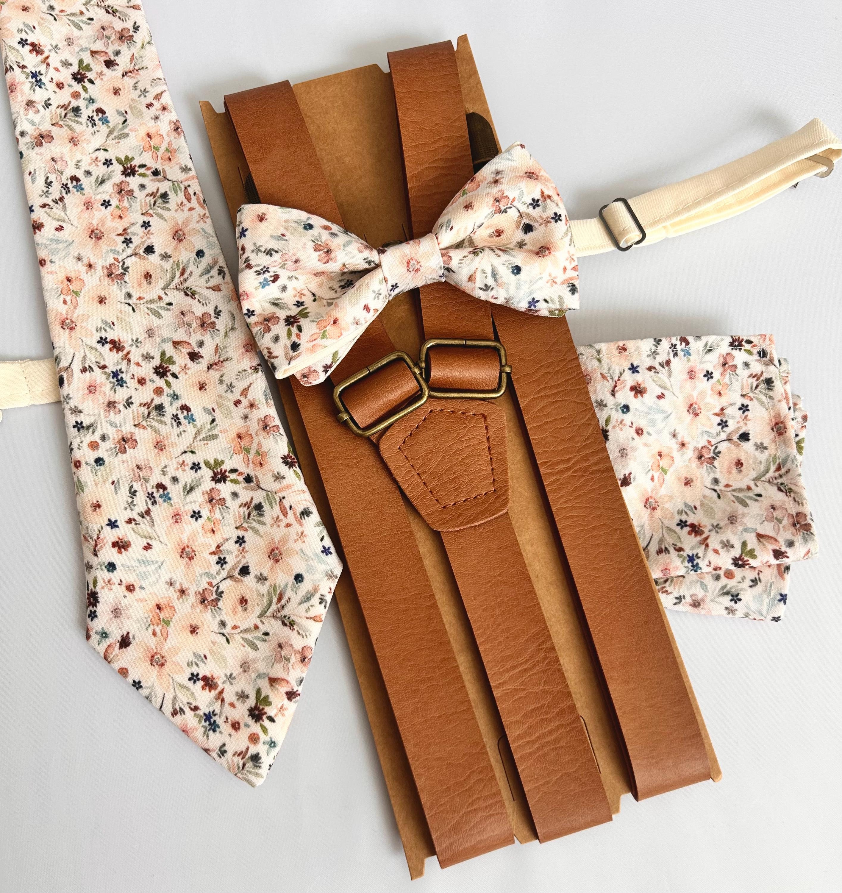 Vintage floral necktie, Light brown and sage floral tie for men and kids , boho wedding bow ties and suspenders, rustic , autumn bow ties