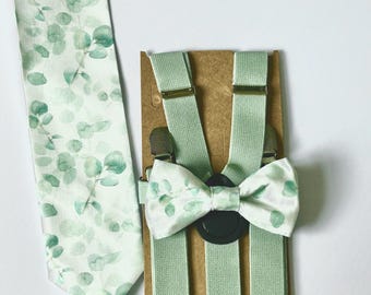 Pajarita de acuarela de eucalipto salvia, corbata larga verde polvorienta, pajarita de salvia para hombres, corbata blanca verde para padrinos de boda, pajaritas para niños, chico del anillo