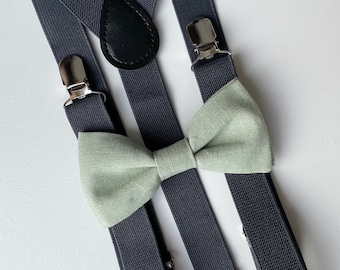 Pale Sage Green Bow Tie-Gray Suspenders-Groomsmen Bow Tie & Suspenders Set-Green Linen Bow Tie Boys-Charcoal Suspenders For Men- Grooms Gift