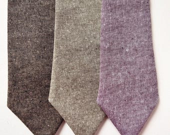 Textured cotton neckties in khaki green, brown, purple - Matching bow tie and necktie, All sizes bow ties, Ring boy bowtie and pocket square