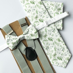 Pajarita verde salvia para hombre y niño - Corbata larga - Pañuelo de bolsillo - Tirantes color salvia Pajaritas florales color salvia para novios Pajarita verde espuma de mar Corbata floral