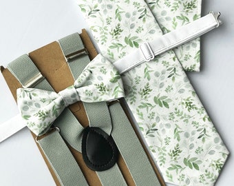 Pajarita verde salvia para hombre y niño - Corbata larga - Pañuelo de bolsillo - Tirantes color salvia Pajaritas florales color salvia para novios Pajarita verde espuma de mar Corbata floral