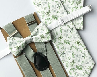 Sage green Mens and boys bow tie-long tie- Pocket square-sage suspenders Sage floral bow ties for grooms Seafoam green bow tie Floral tie