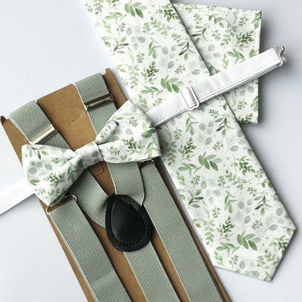 Sage green Mens and boys bow tie-long tie- Pocket square-sage suspenders Sage floral bow ties for grooms Seafoam green bow tie Floral tie