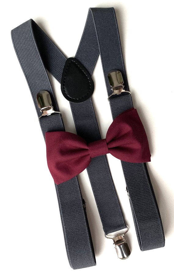 Bow Tie & Suspenders Dark Gray Suspendersburgundy Bow Tie Etsy