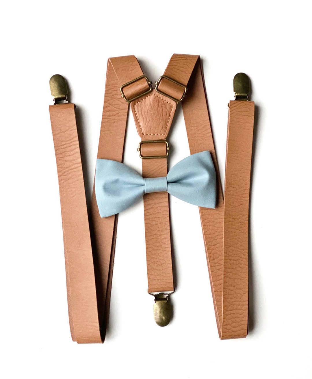 Dusty Blue Bow Tie & Rustic Suspenders Brown Leather Suspenders Slate