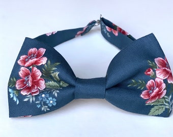 Dark dusty blue and wine floral bow tie, Wedding grooms bow tie, Dusty flue bow tie, floral bow ties for men, kids bow tie, gift for him