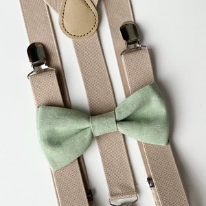 Bow Tie & Suspenders Set- Pale sage Bow Tie- Tan Suspenders- Dusty Green Bow Tie For Baby Toddler Kids Boys Mens- Grooms Outfit- Ring Bearer