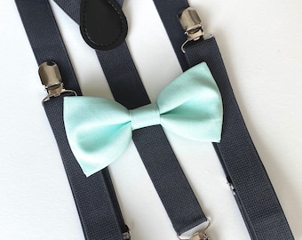 Dark Gray Suspenders with Mint Green Bow Tie- Baby Toddler Kids Boys Mens Bow Tie and Suspenders SET- Groomsmen Outfit-Ring Bearer Outfit