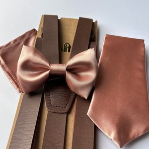 Rose Gold Satin Bow Tie- Ling Tie- Packet square, Rose gold wedding bow tie Skinny or Regular Tie Build your own set Boys Bow tie