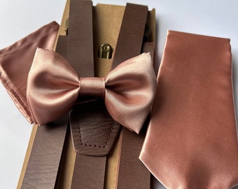 Rose Gold Satin Bow Tie- Ling Tie- Packet square, Rose gold wedding bow tie Skinny or Regular Tie Build your own set Boys Bow tie