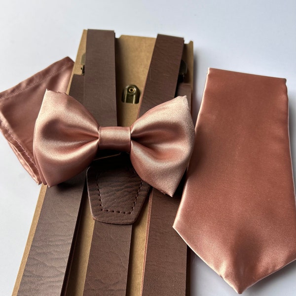 Rose Gold Satin Bow Tie- Ling Tie- Packet square, Rose gold wedding bow tie Skinny or Regular Tie Build your own set Boys Bow tie