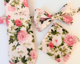 Bright pink flowers necktie, magenta pink floral bow ties, neckties for men, boys pocket square and bow tie, Floral necktie adult, men’s tie