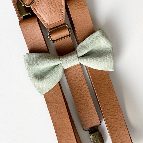 Pale Sage Bow Tietan Leather Suspendersdusty Green Bow Tie Etsy