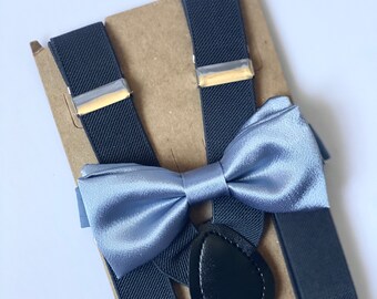 Dusty Blue Silky Bowtie & Dark Gray Suspenders All Sizes,  Groomsmen Outfit ,Elegant Wedding Outfit, Toddler Suspenders , gift for Groom