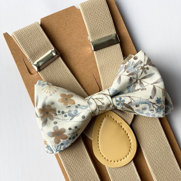 Beige Dusty Blue Tan Floral Bow Tie and Khaki Suspenders for Ring Bearer Outfit Natural Wedding Groomsmen Bow Tie Suspenders for Men & Kids