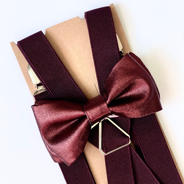 burgundy bow tie and suspenders wedding
