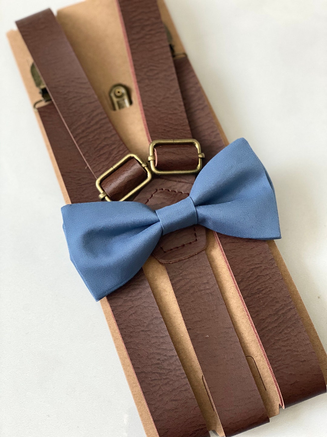 Steel Blue Bow Tie Brown Leather Suspenders Dusty Blue Bow Etsy