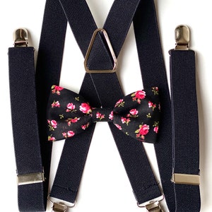 Black Suspenders, Pink Floral Bow Tie,  Bow Tie and Suspenders, Black and Pink Bow Tie for Mens and Kids, Boys Suspenders, Adult Suspenders