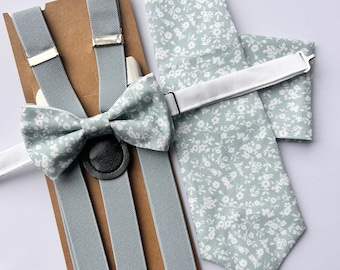 Dusty blue floral long tie, light dusty blue bow ties, blue and white floral necktie, bow ties for men and kids, wedding groomsmen outfit
