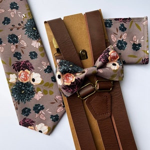 Mauve Flowers Bow Tie- Long Tie-Pocket Square-Suspended-Built Your Own Set-Mens Floral Bow Tie- Dark Brown Suspenders, Groomsmen outfit