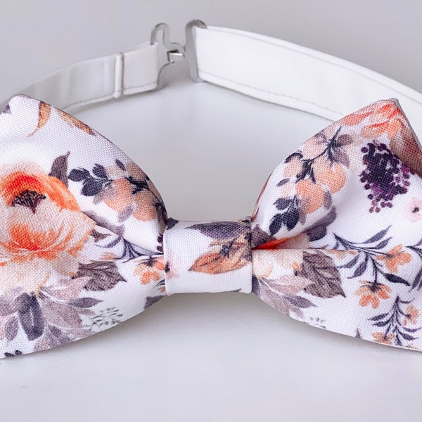 Peach Gray floral Bow Ties, Mens peach bow tie for kids, Light orange bow tie, wedding grooms bow tie, white peach flowers bow tie, toddler