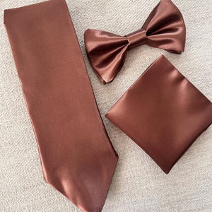 Chacolate brown satin necktie, bow tie, pocket square for men and kids, matching bow tie and necktie in brown, grooms brown bow ties