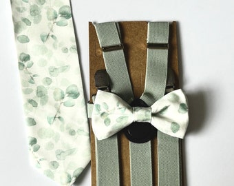 Sage Eucalyptus Watercolor Bow Tie, Dusty green long tie, sage bow tie for men, green white tie for groomsmen, kids bow ties, ring boy