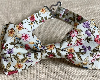 Dusty Mint Background Flower Spring Garden-Red Purple Mustard Green Floral Bowtie for Men and Kids Pale Sage Cotton bow tie