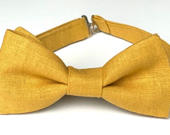 Mustard linen bow tie for men and kids, Dusty yellow bow tie? Groomsmen bow ties, wedding bow tie, boys linen bow tie, clip bow tie