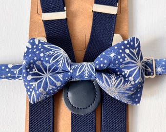 Dark blue and silver snowflakes bow tie, Christmas bow ties for men and kids , Holiday bow tie with , Christmas bow tie suspenders set kids