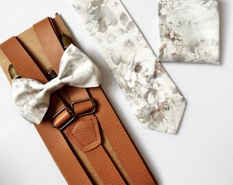 Vintage Floral Bow Tie- Pale Sage and Dusty Blue Long Tie- Tan Leather Suspenders- Pocket Square- BUILD Your OWN SET- All Sizes