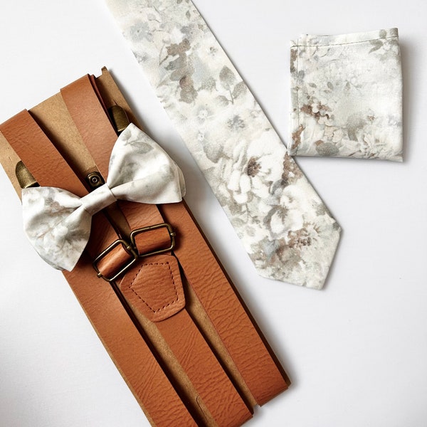 Vintage Floral Bow Tie- Pale Sage and Dusty Blue Long Tie- Tan Leather Suspenders- Pocket Square- BUILD Your OWN SET- All Sizes