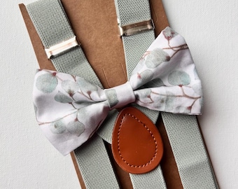 Dusty green eucalyptus bow tie, pale Sage Suspenders for men and kids, Sage leaves bow tie, bowtie and suspenders for boy, adult bow ties