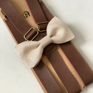 Natural bow tie & Leather suspenders, rustic wedding grooms outfit- bow tie and suspenders for men and kids, natural linen bow tie, brown