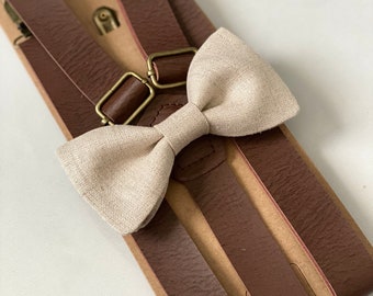 Natural bow tie & Leather suspenders, rustic wedding grooms outfit- bow tie and suspenders for men and kids, natural linen bow tie, brown