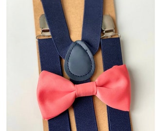 Bowtie & Suspenders Set for Baby-toddler-kids-boys-adult, Mens coral bow tie, navy blue suspenders, coral beach wedding, groomsmen bow tie