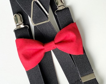 Red Bow Tie-Black Suspenders-Red Grooms Bow Tie - Boys Bowtie & Suspenders Set-Red Bow Ties For Men-Kids Bow Tie-Baby Bow Tie-Cotton Bow Tie
