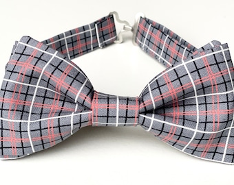 Grey and Coral Plaid Bow Tie Mens Bow Ties Gray Bow Tie Boys Bow Tie Ring Bearer Bow Tie Boys Outfit Grey Bow Ties For Mens