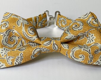 Mustard and Gray bow tie, Dusty yellow bow tie all sizes, floral bow tie kids, yellow bow tie with pattern , clip bow tie