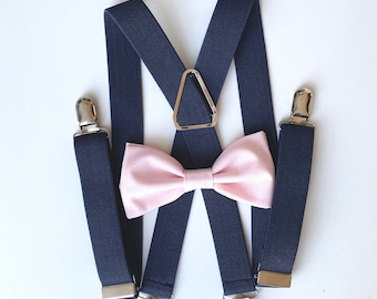 Blush Pink Bow Tie & Navy Suspenders | Ring Boy Outfit | Grooms Bow Tie and Suspenders | Mens Suspenders | Kids Suspenders | Blush And Navy