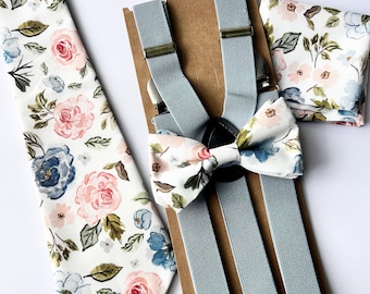 Floral dusty blue peach green bow tie Flowers necktie for men and kids Wedding Grooms long tie in slate blue and peach Boys bow ties