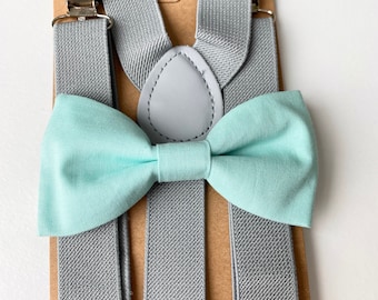 Mint green bow tie-gray suspenders for men kids toddler baby Mint wedding bow ties- Grey suspenders Y back - Ring Bearer Outfit- Mint tie