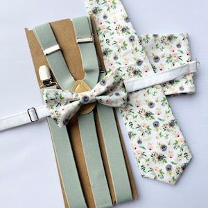 Sage Blush Dark Dusty Blue Watercolor Bowtie Floral Skinny/Regular Tie for Groom and Ring Bearer- Pale Sage Suspenders- Build Your Own Set
