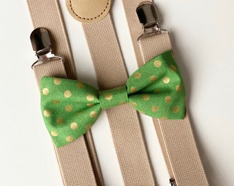 Bow Tie & Suspenders Set- Green Gold Dots Bow Tie and Tan Suspenders for Groomsmen / Ring Bearer- Baby Toddler Kids Teen Mens Wedding Outfit