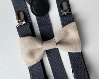 Rustic wedding bow tie suspenders All Sizes natural linen bow tie for men and kids Boho wedding accessories bow ties for adult and children