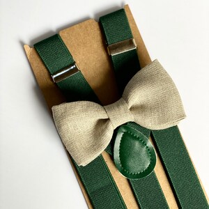 Papillon in lino naturale e bretelle verde smeraldo Sposi da sposa Anello Portatore Outfit Ragazzi Papillon con cinturino Set adulti e bambini