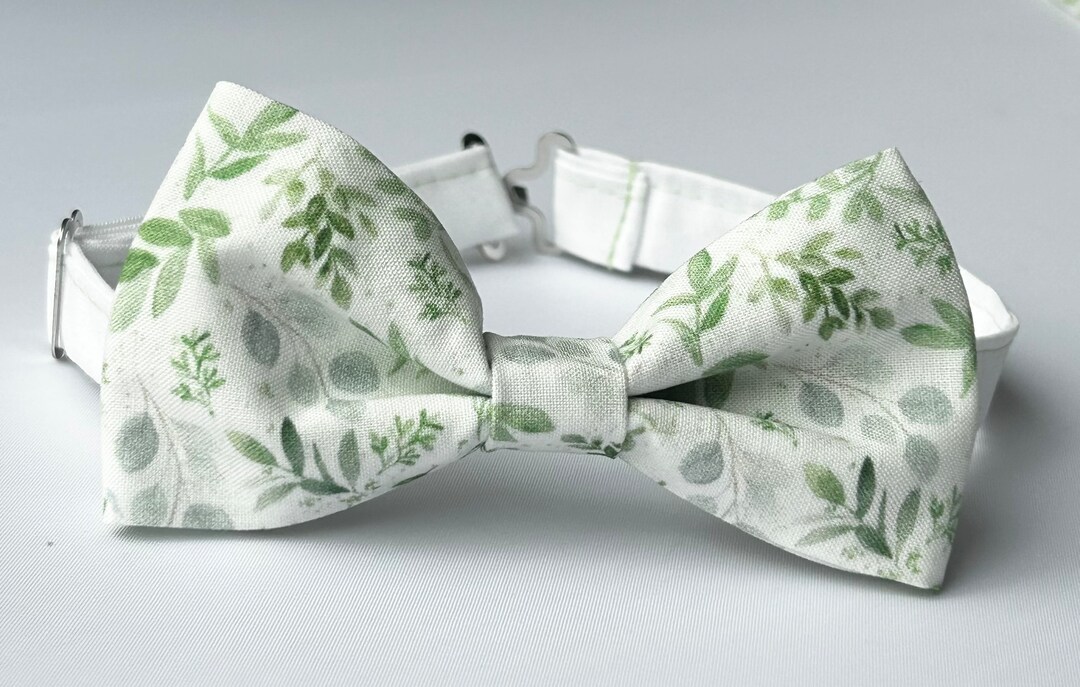 White Green Eucalyptus Leaves Bow Tie, Sage Bow Tie for Men, Gage Bow