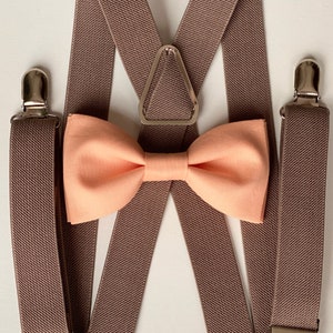 Peach Bow Tie & Suspenders | Brown Suspenders | Peach Wedding Outfit | Groomsmen | Ring Bearer | Kids Bow Tie and Suspenders SET | Bow Ties